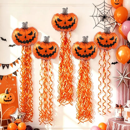 Set Décoration Halloween Ballons Citrouille et Rideau à Pampilles