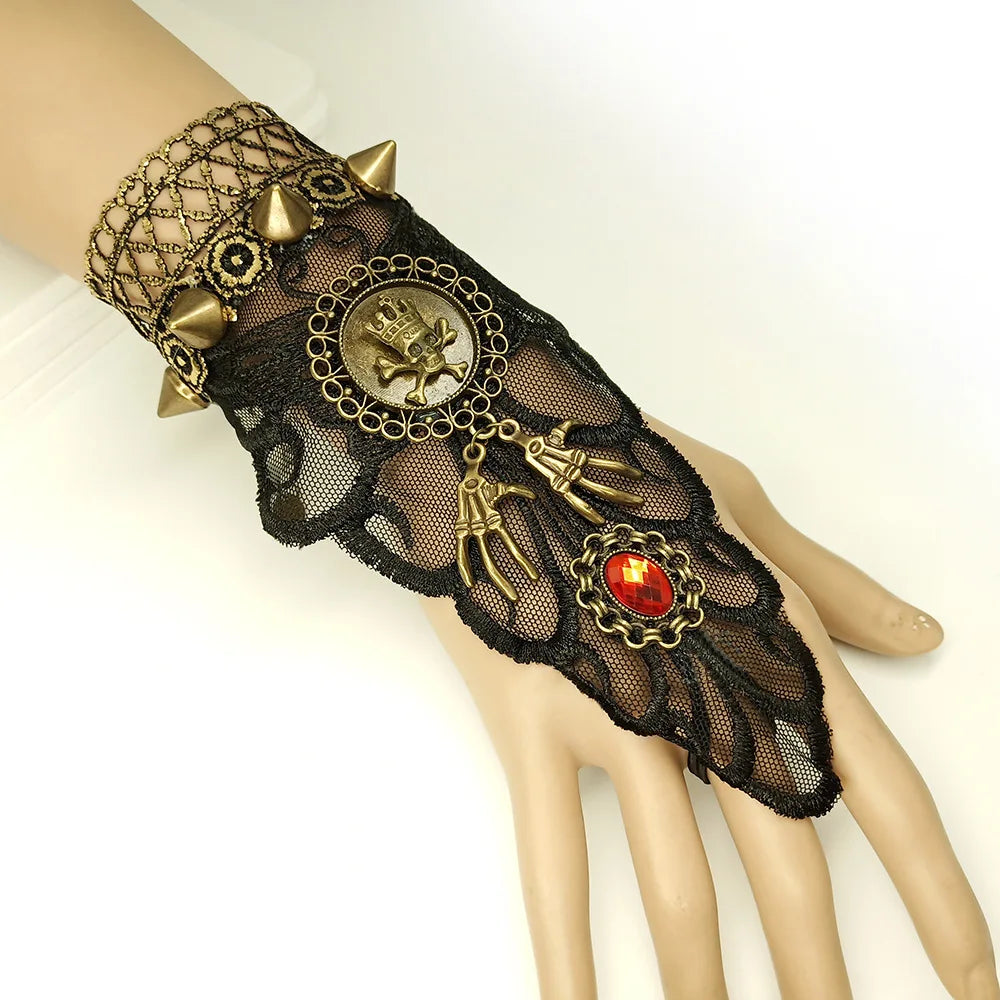 Bracelet gothique en dentelle – Crâne, squelette et araignée