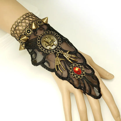 Bracelet gothique en dentelle – Crâne, squelette et araignée