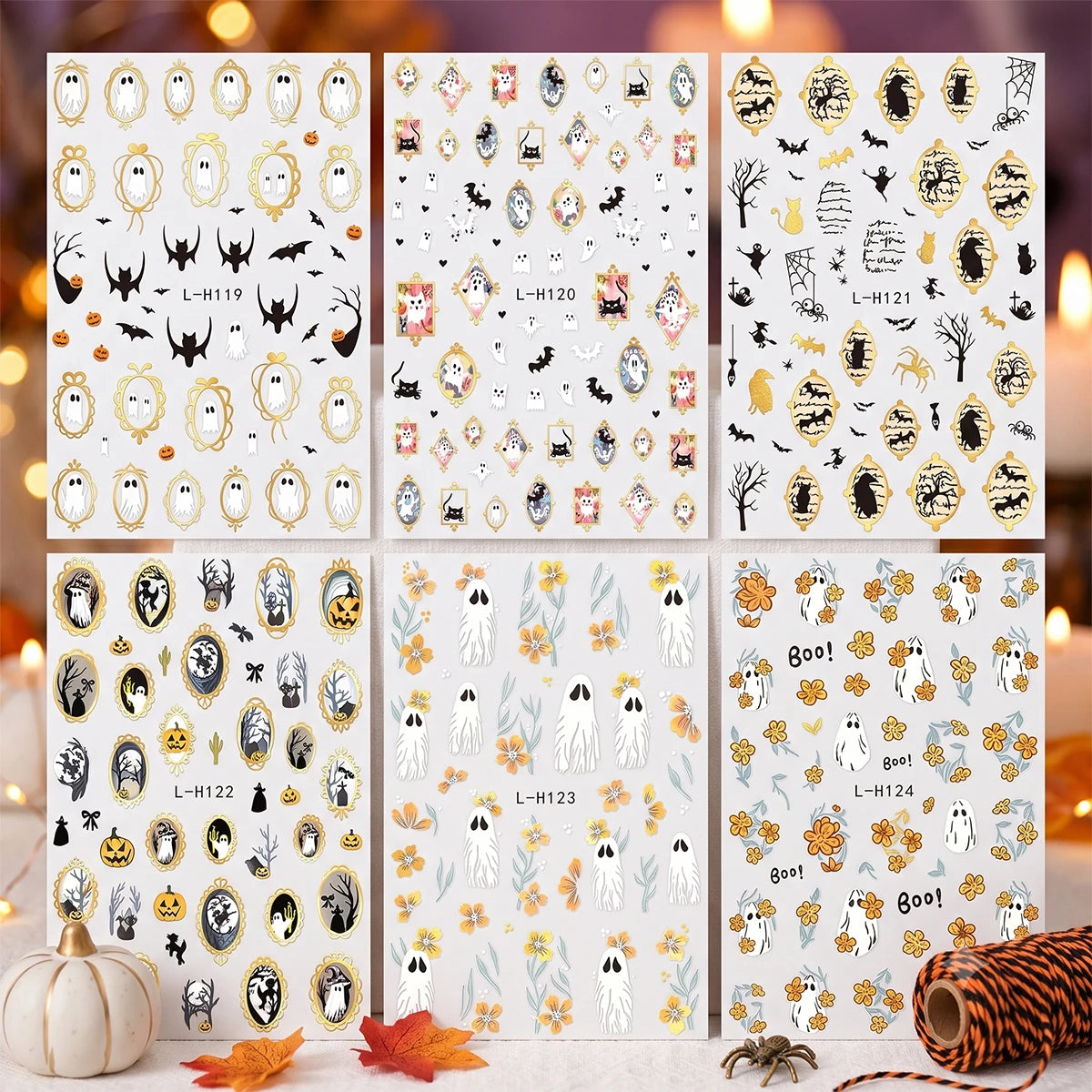 6 Stickers Ongles Halloween Gothique - Fantôme, Chauve-souris, Corbeau