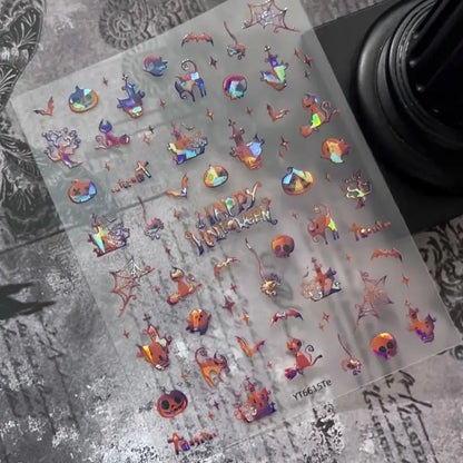 Stickers Ongles Sorcière Halloween 5D Irisé - Fantôme, Citrouille