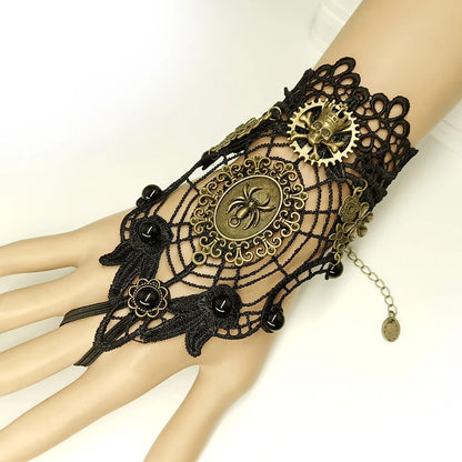 Bracelet gothique en dentelle – Crâne, squelette et araignée