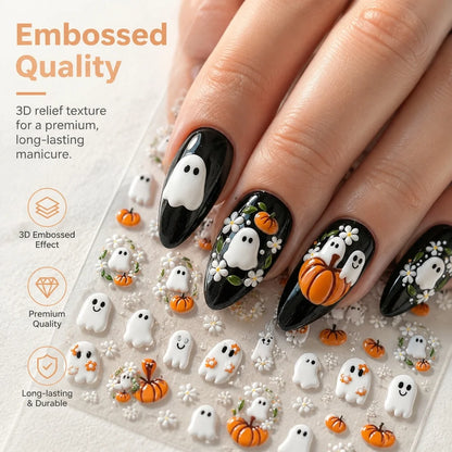 Planche Stickers Ongles Halloween 3D - Fantôme, Citrouille, Marguerite