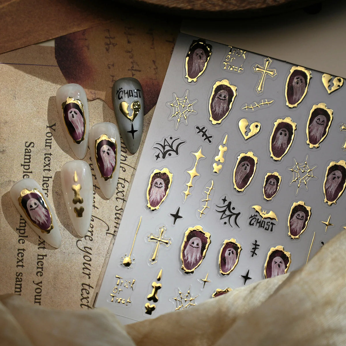 Stickers Ongles Halloween 5D Doré - Chauve-souris, Croix, Fantôme