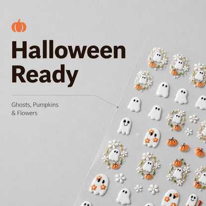 Planche Stickers Ongles Halloween 3D - Fantôme, Citrouille, Marguerite