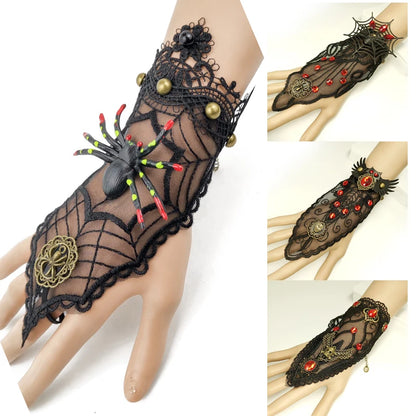 Bracelet gothique en dentelle – Crâne, squelette et araignée