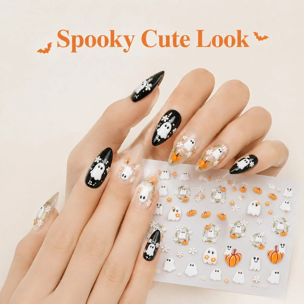 Planche Stickers Ongles Halloween 3D - Fantôme, Citrouille, Marguerite