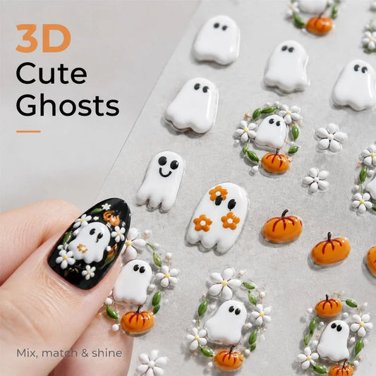 Planche Stickers Ongles Halloween 3D - Fantôme, Citrouille, Marguerite