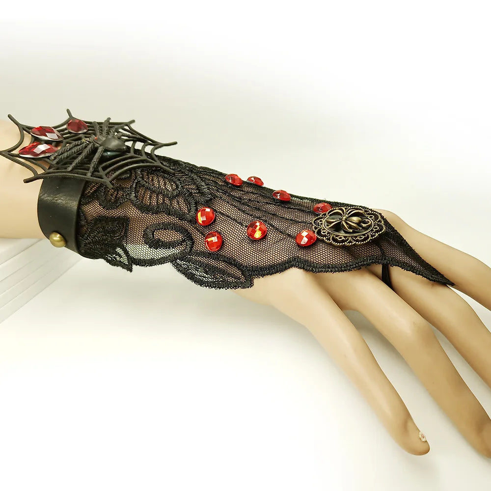 Bracelet gothique en dentelle – Crâne, squelette et araignée