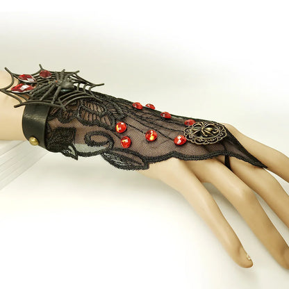 Bracelet gothique en dentelle – Crâne, squelette et araignée
