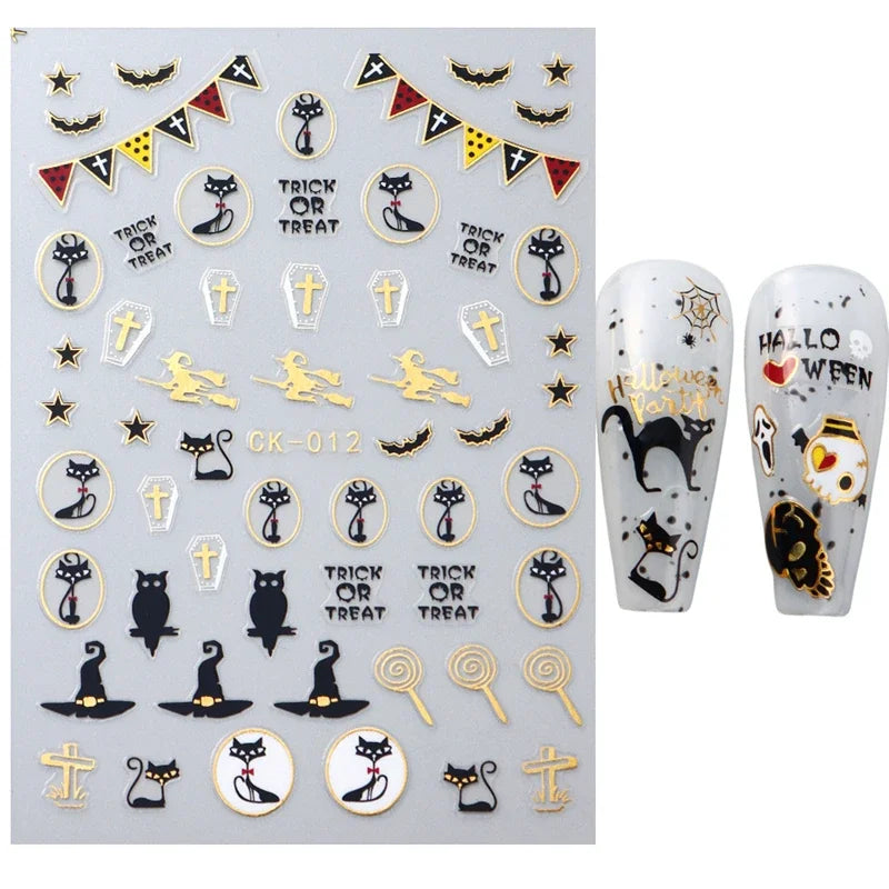 Stickers Ongles Halloween Mignons - Fantôme, Citrouille, Chat Noir