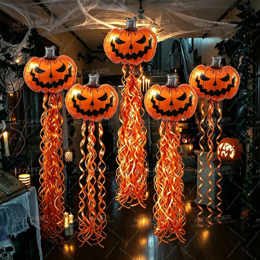 Set Décoration Halloween Ballons Citrouille et Rideau à Pampilles
