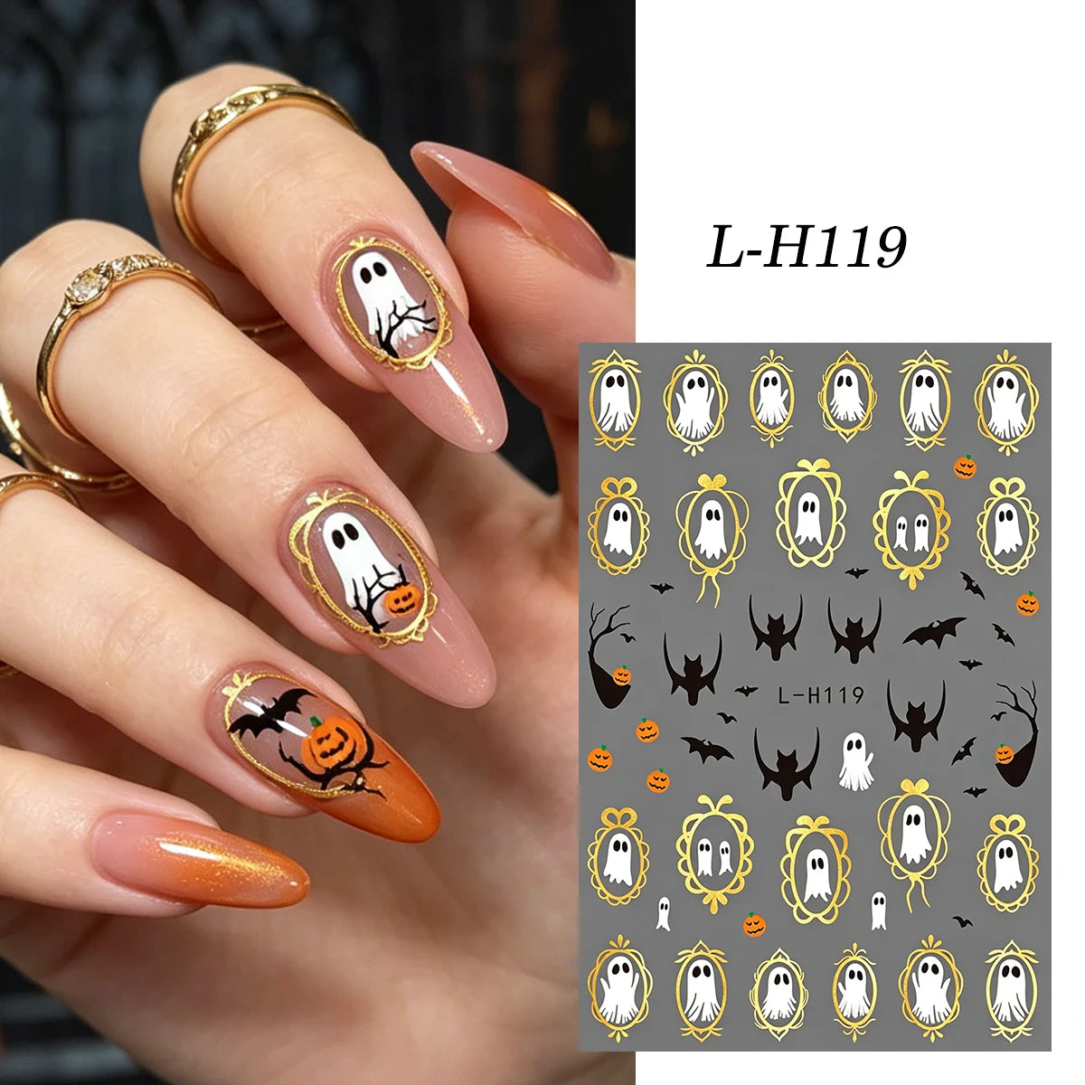 6 Stickers Ongles Halloween Gothique - Fantôme, Chauve-souris, Corbeau
