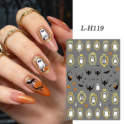 6 Stickers Ongles Halloween Gothique - Fantôme, Chauve-souris, Corbeau