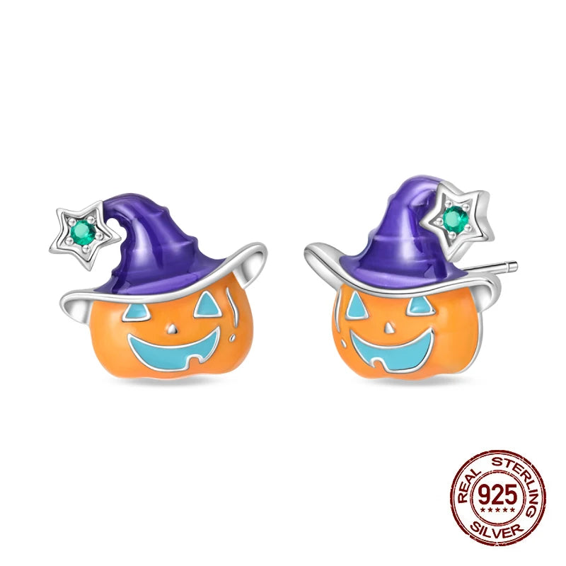 Boucles d'oreilles Halloween en argent sterling 925 – Citrouille, chauve-souris et fantôme