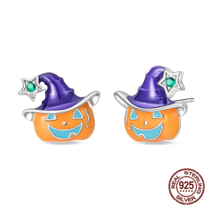 Boucles d'oreilles Halloween en argent sterling 925 – Citrouille, chauve-souris et fantôme