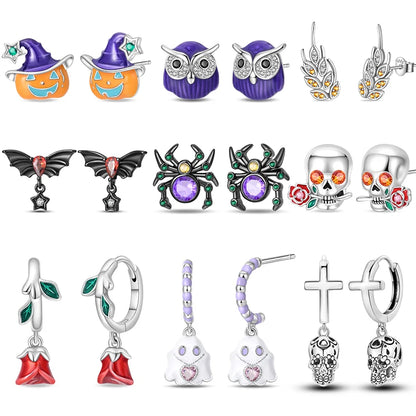 Boucles d'oreilles Halloween en argent sterling 925 – Citrouille, chauve-souris et fantôme