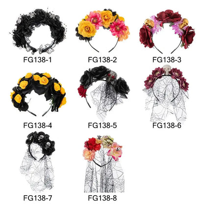 Couronne de Fleurs avec Voile Noir - Halloween Día de los Muertos