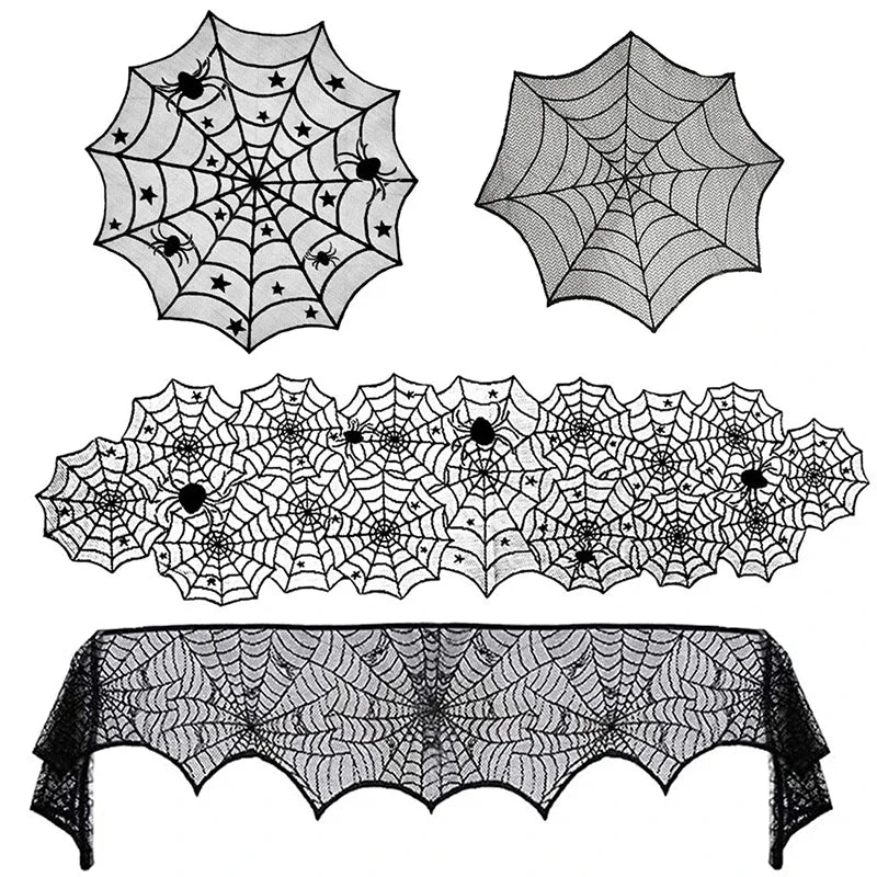 Nappe Dentelle Noire Toile d'Araignée et Squelette - Halloween