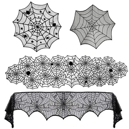 Nappe Dentelle Noire Toile d'Araignée et Squelette - Halloween