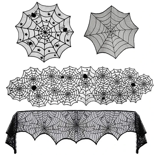 Nappe Dentelle Noire Toile d'Araignée et Squelette - Halloween