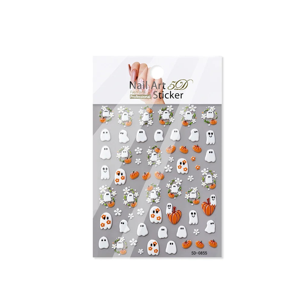 Planche Stickers Ongles Halloween 3D - Fantôme, Citrouille, Marguerite