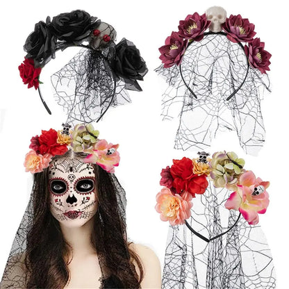 Couronne de Fleurs avec Voile Noir - Halloween Día de los Muertos