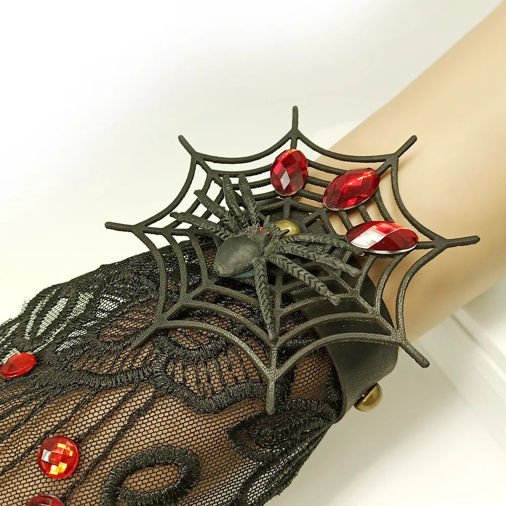 Bracelet gothique en dentelle – Crâne, squelette et araignée