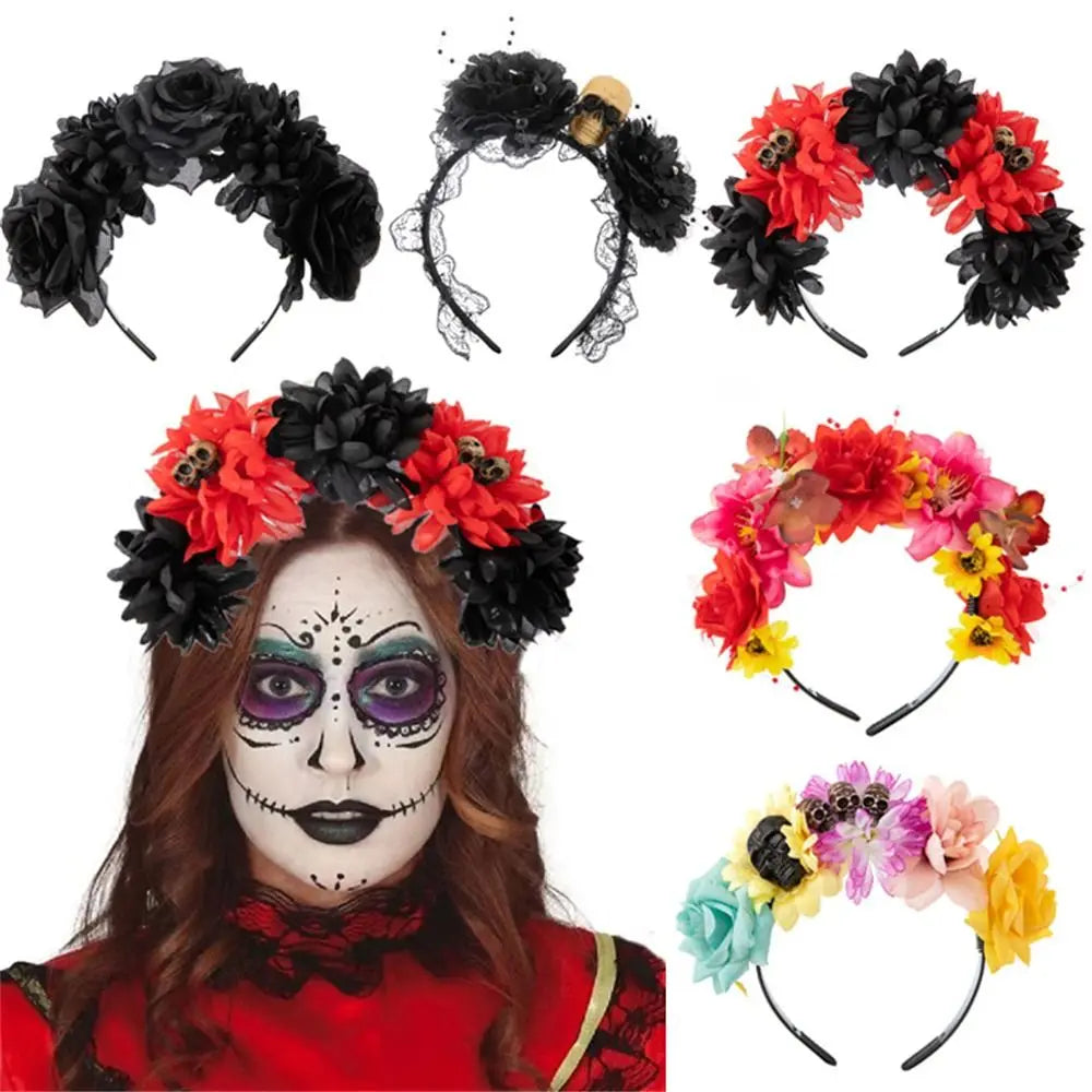 Couronne de Fleurs avec Voile Noir - Halloween Día de los Muertos