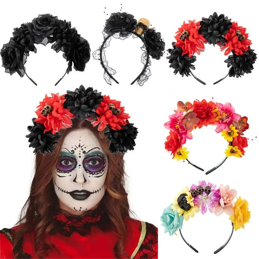 Couronne de Fleurs avec Voile Noir - Halloween Día de los Muertos