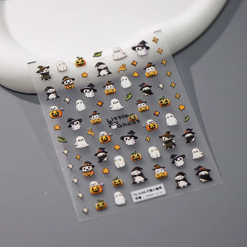 Stickers Ongles Halloween 5D Doré - Chauve-souris, Croix, Fantôme