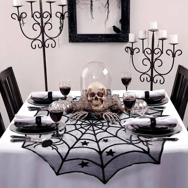 Nappe Dentelle Noire Toile d'Araignée et Squelette - Halloween