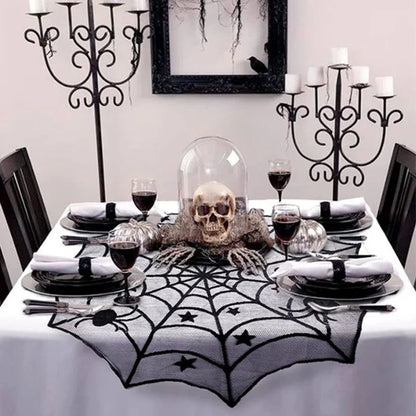Nappe Dentelle Noire Toile d'Araignée et Squelette - Halloween